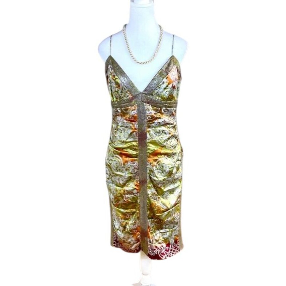 Nicole Miller Party Dress Silk Patterned Plunge Gold Green (10)